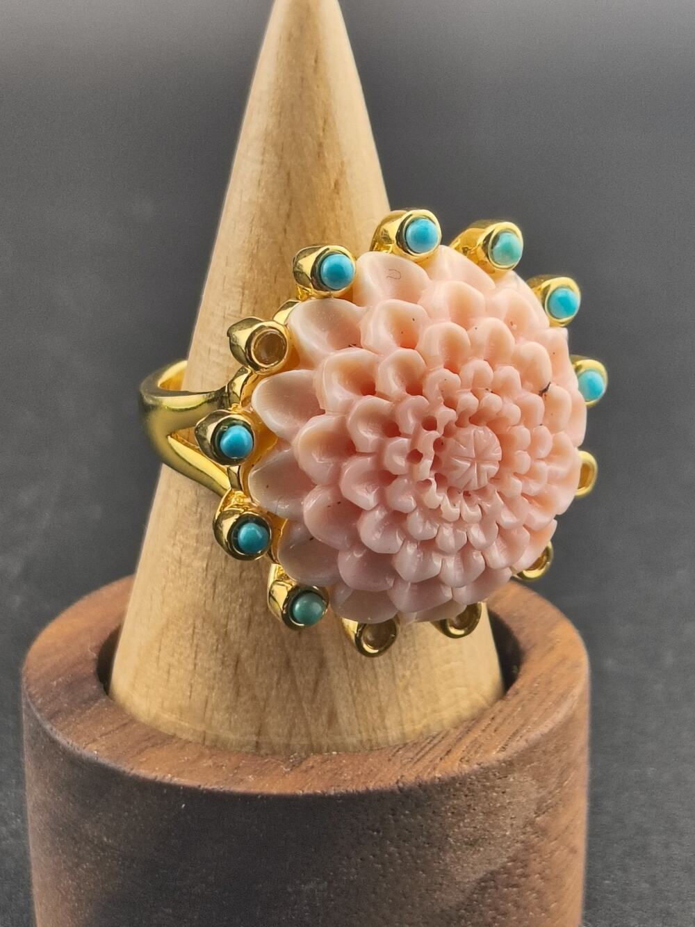 Vintage 925 Sterling Silver Carved Pink Flower Turquoise Halo Ring Sz 9